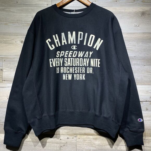 Champion Reverse Weave Warm Up Sweatshirt Black Retro Speedway Print Mens Large - Picture 1 of 9